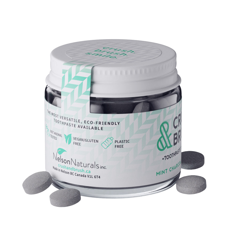 Crush & Brush MINT CHARCOAL GLASS JAR - 60g ~ 80 Toothpaste Tablets - WHOLESALE