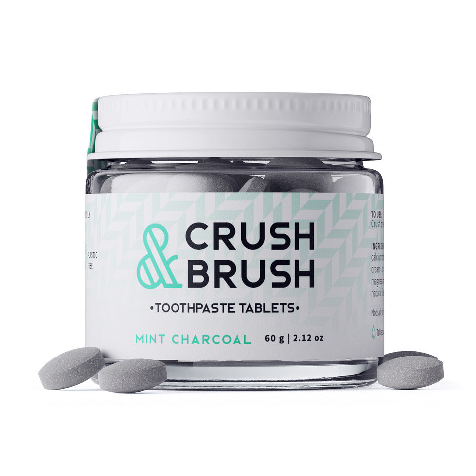 Crush & Brush MINT CHARCOAL GLASS JAR - 60g ~ 80 Toothpaste Tablets